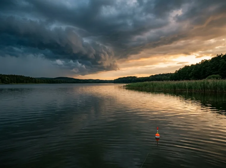 Burzowe niebo nad jeziorem i pomarańczowy spławik na wodzie